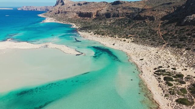 Amazing drone view of Balos Lagoon and white sandy beach, Crete, Greece