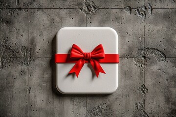 White gift box with red ribbon and bow on gray concrete background