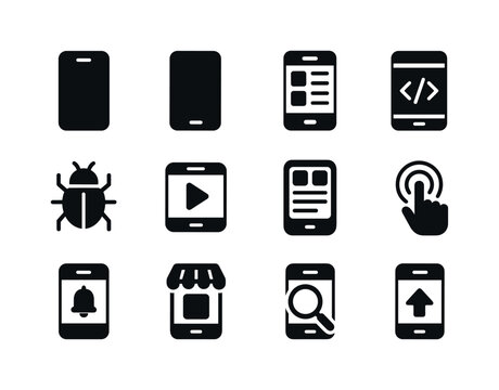 Mobile Development Icons. Mobile development. Solid icon set of