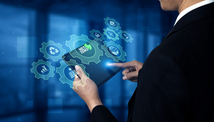Interconnected green gears with icons representing renewable energy, carbon reduction, recycling,...