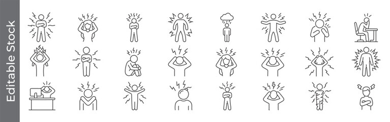 Stress symptoms and pain line icon set – editable outline symbols of body ache, panic, office stress, insomnia, fatigue and emotional pain