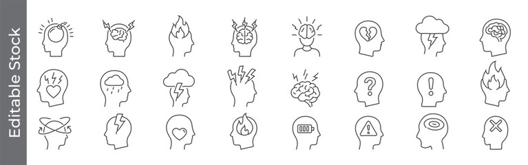 Head, brain and mood line icon set – editable outline symbols of migraine, brain fog, confusion, warning, storm cloud and mindfulness