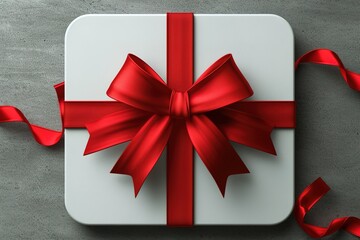Elegantly wrapped white gift box with a vibrant red ribbon and bow on gray background