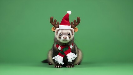 Cute Ferret Christmas on Green Screen Background,
Ferret with christmas decorations.