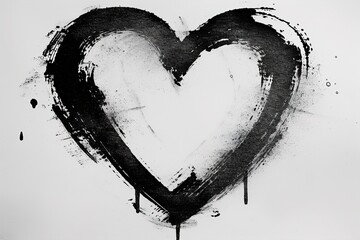 Black heart symbol painted with brush strokes on white background, abstract art
