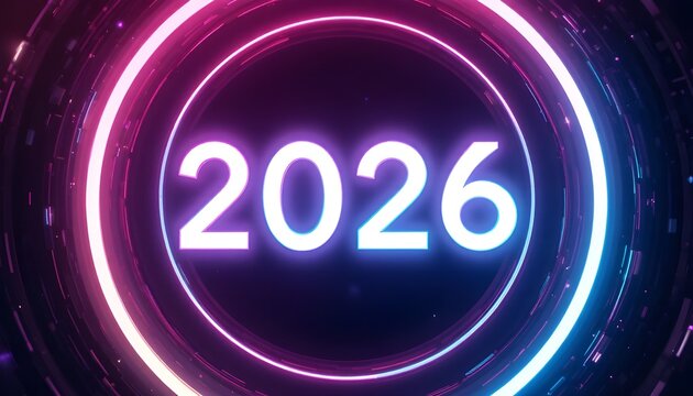 Glowing neon countdown graphic featuring the year 2026 centered within vibrant futuristic light rings - Powered by Adobe