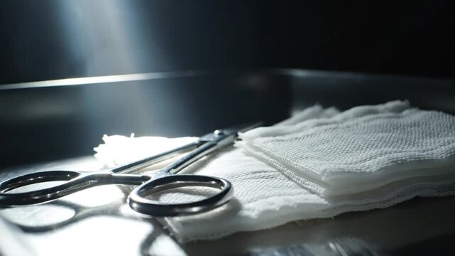 Surgical instruments and gauze pads in a sterile medical environment with dramatic lighting