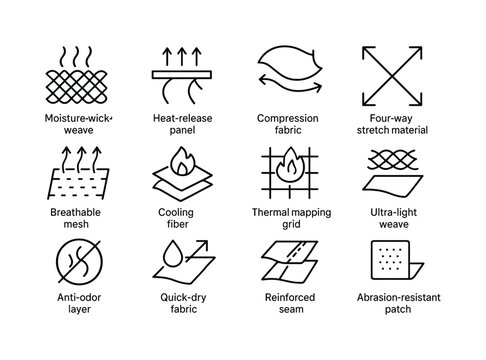 Performance Fabric Icons. Performance fabrics. Line icon set of