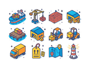 Naklejka premium Colorful Shipping Icons. Shipping & Ports. Colorful isometric ve