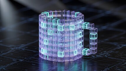 Futuristic Coffee Mug Rendered with Translucent Digital Cubes – Suitable for cyberpunk themes, data visualization, or abstract food/drink concepts.