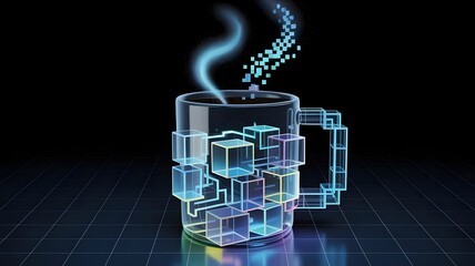 Glowing Digital Cube Coffee Mug with Flowing Neon Lines – Perfect for technology content, digital communication, or conceptual art.