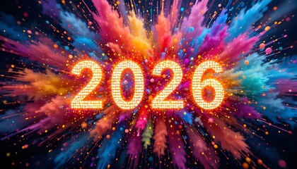 Bright glowing orange numbers announcing the arrival of the year 2026 with vibrant colorful explosions