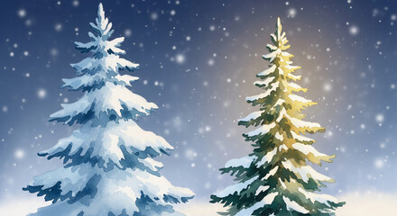 Obraz premium Watercolor painting of two pine trees covered in snow against a blue gradient background with falling snowflakes, representing winter and holiday season