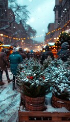 Obraz premium Festive winter market scene shoppers carrying decorated christmas trees in a cozy atmosphere