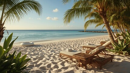 Luxury beach resort setup with sunbeds, towels, inflatable ring and calm sea, photorealistic style.