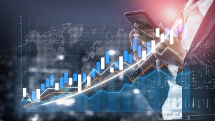 A businessman examines financial data on a smartphone while surrounded by bar graphs and line charts, showcasing market growth in a dynamic office setting. Copula