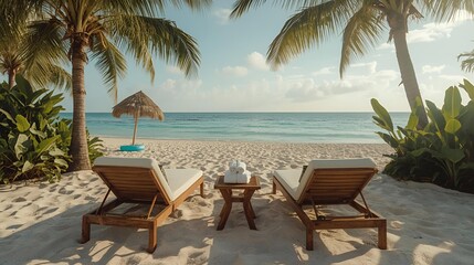 Relaxing seaside vacation concept with beach loungers, tropical plants, blue ocean water and summer atmosphere.