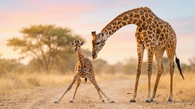 Mother giraffe and baby calf in african savanna at sunset