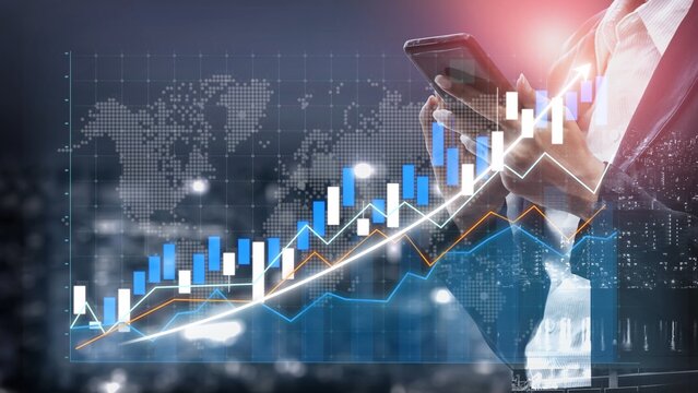 A businessman examines financial data on a smartphone while surrounded by bar graphs and line charts, showcasing market growth in a dynamic office setting. Copula - Powered by Adobe