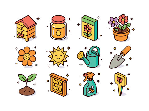 Bee Garden Icons. bee garden essentials. Colorful isometric vect