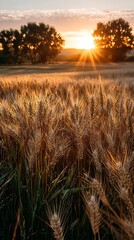 Golden wheat field at sunset with trees and golden sunlight illuminating the landscape
