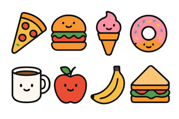 Cute cartoon food icons: pizza, burger, ice cream, donut, coffee, apple, banana, sandwich