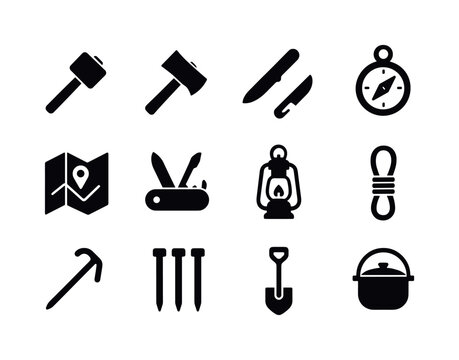 Camping Essentials Icons. Camping tools. Solid icon set of campi