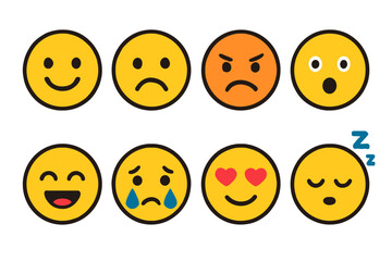 Fototapeta premium Set of eight colorful emoji faces expressing various emotions