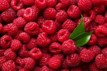 Fresh ripe raspberries and leaves as background, top view