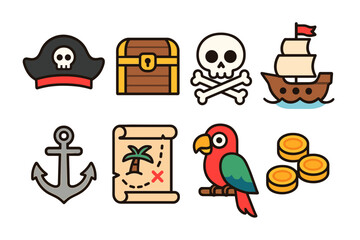 Colorful pirate icons set with treasure chest, ship, and skull imagery