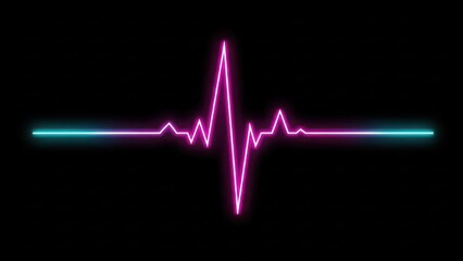 A futuristic neon heartbeat waveform glowing brightly with vibrant pink and cyan colors against a dark background