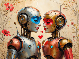 Two anthropomorphic robots gaze at each other against a backdrop of floral motifs and floating hearts. This unique image symbolizes love in the age of technology.