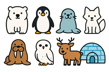 Fototapeta premium Cute arctic animals: polar bear, penguin, seal, fox, walrus, owl, reindeer, igloo