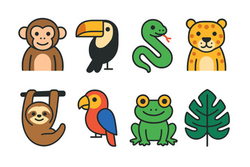 Fototapeta premium Cute jungle animals: monkey, toucan, snake, leopard, sloth, parrot, frog, leaf