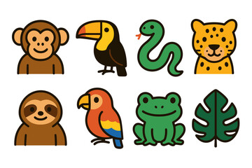 Fototapeta premium Colorful jungle animals collection with monkey, toucan, snake, leopard and more