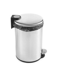 One metal trash bin with plastic bag isolated on white