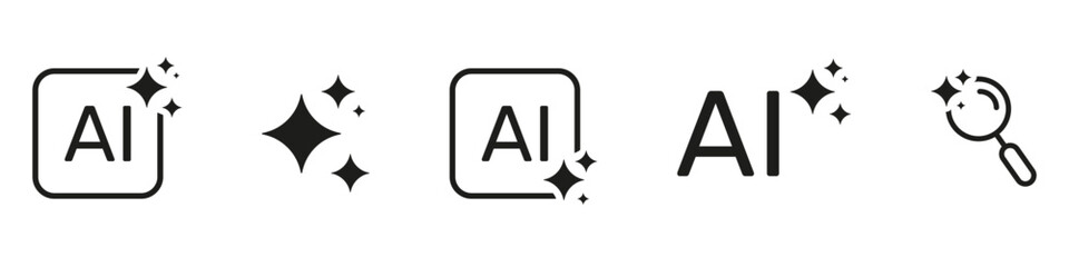 Artificial Intelligence Sparkle Stars AI Search Magnifying Glass Line Icon Set. Machine Learning Discovery Automation Data Exploration Creative Tools Silhouette Symbol. Isolated Vector Illustration