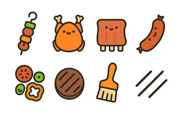 Cute cartoon bbq icons featuring chicken, sausage, kebab, grill and bbq tools
