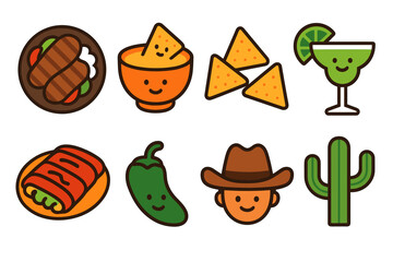 Fototapeta premium Mexican food and culture icons: tacos, nachos, margarita, burrito, jalapeño, cowboy hat, cactus