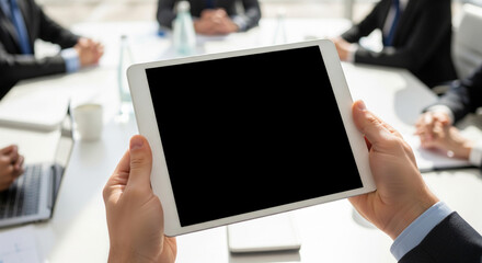 Businessman holding a blank tablet screen during a team meeting for data presentation.