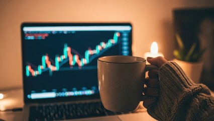 A person holding a coffee mug while analyzing stock market data on a laptop with financial charts and graphs displayed