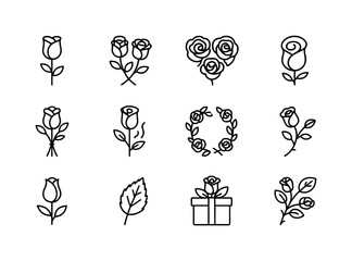 Romantic Roses Icons. Romantic Roses. Line icon set of Romantic