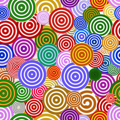 A vibrant and colorful pattern of overlapping concentric circles creates a playful design