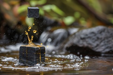 Black cubes in water with golden liquid splashing, natural background