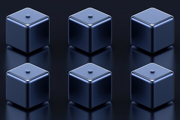 Metallic Blue Cubes with Buttons on Dark Background, 3D Rendering