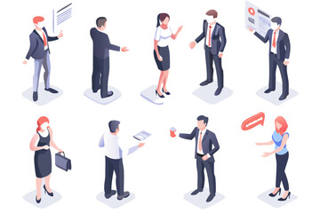 Isometric illustration depicting diverse business professionals interacting in a modern setting
