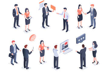 Isometric business team collaboration and discussion with modern workplace elements