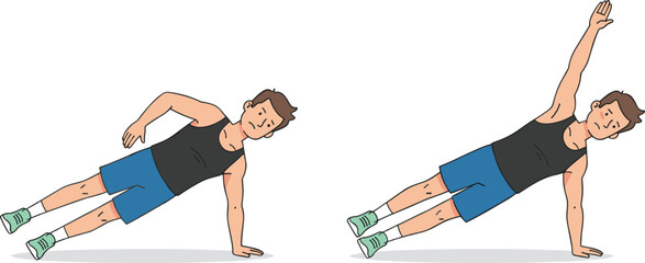 Exercise diagram illustrating proper form for performing an oblique and abdominal strengthening workout while maintaining a straight, stable body line.
