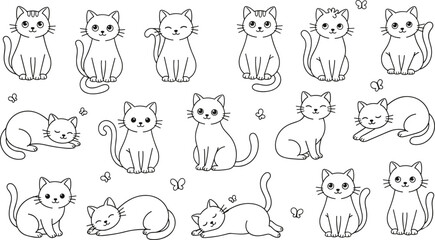 Minimalist graphic design of sweet and happy kitty characters with expressive faces, representing pet companionship and youthfulness in a clean, hand-drawn style.