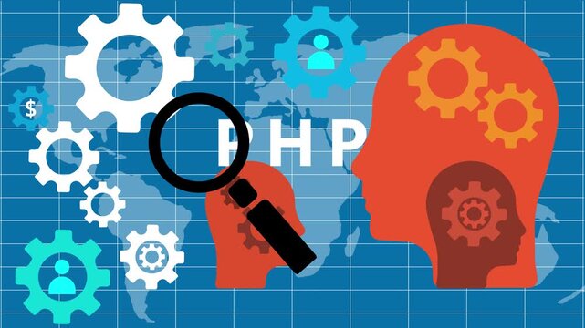 PHP Programming Concept with Gears and Magnifying Glass Over World Map Background coding software development